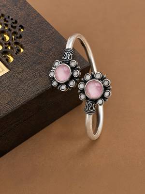 German silver oxidized floral motif pink kada bracelet 2