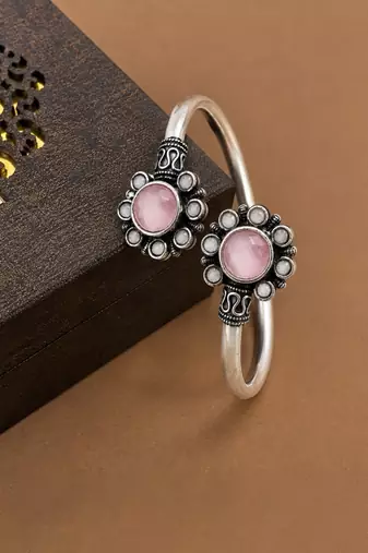 German silver oxidized floral motif pink kada bracelet
