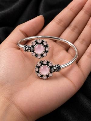 German silver oxidized floral motif pink kada bracelet 3