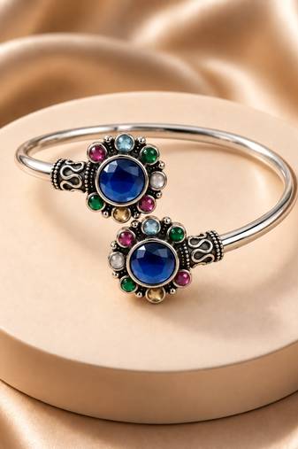 German silver oxidized floral motif multi kada bracelet