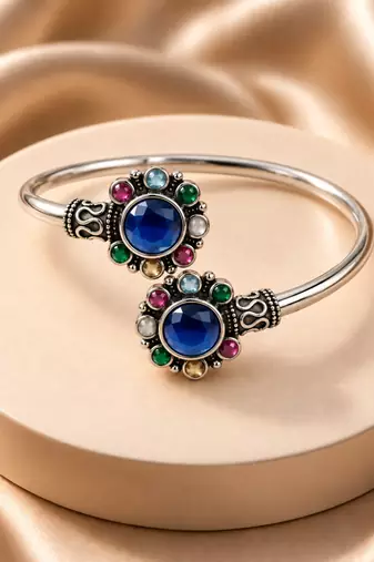 German silver oxidized floral motif multi kada bracelet