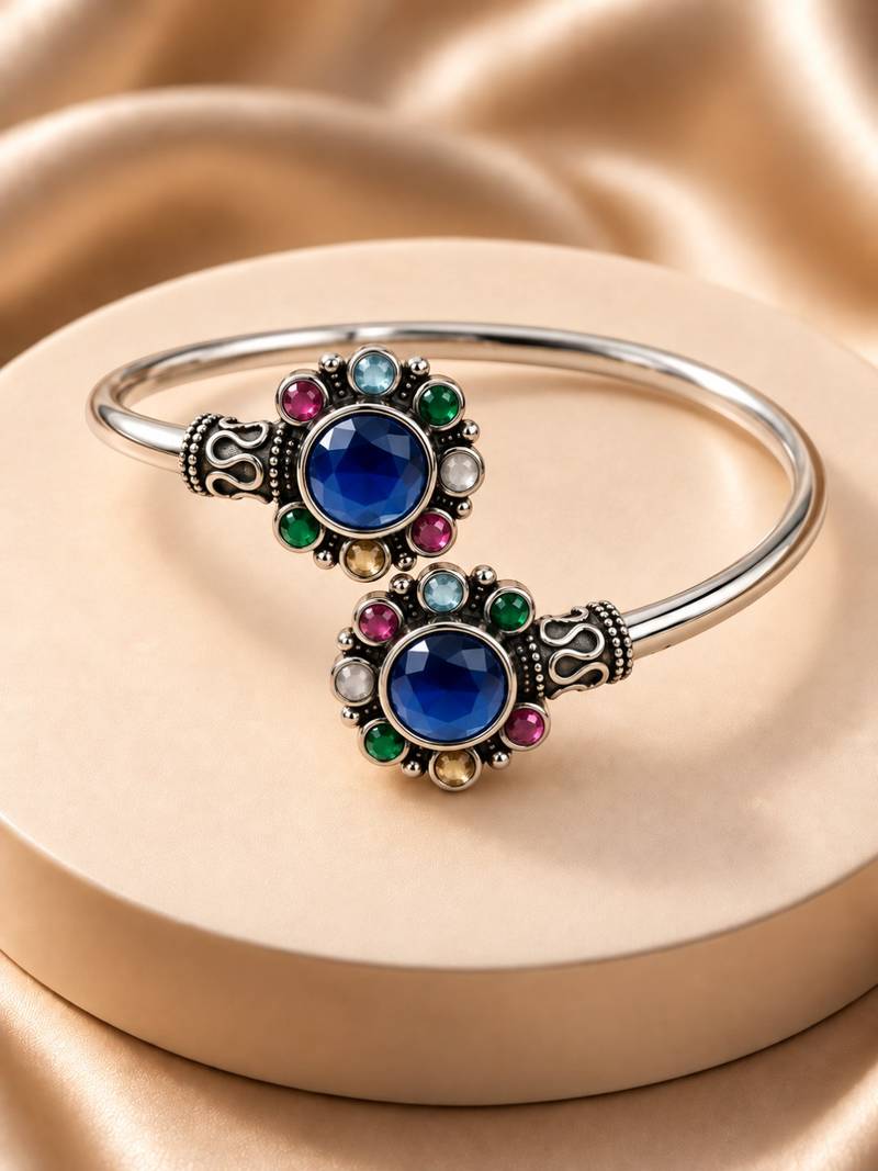 German silver oxidized floral motif multi kada bracelet