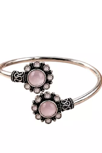 German silver oxidized floral motif pink kada bracelet