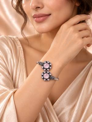 German silver oxidized floral motif pink kada bracelet 5