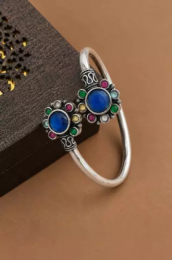 German silver oxidized floral motif multi kada bracelet