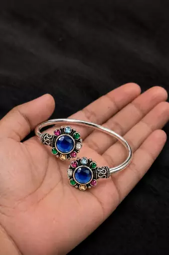 German silver oxidized floral motif multi kada bracelet