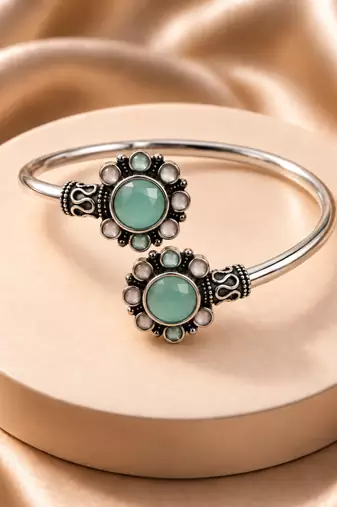 German silver oxidized floral motif mint kada bracelet