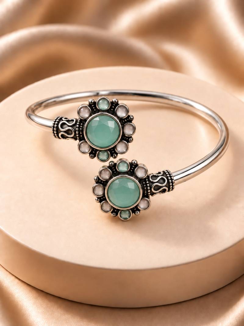 German silver oxidized floral motif mint kada bracelet