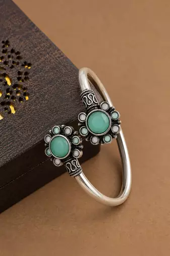 German silver oxidized floral motif mint kada bracelet