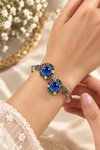 German silver oxidized floral motif multi kada bracelet