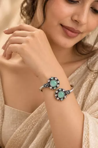 German silver oxidized floral motif mint kada bracelet