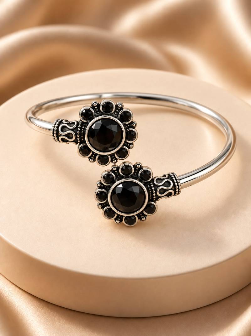 German silver oxidized floral motif black kada bracelet