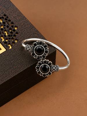 German silver oxidized floral motif black kada bracelet 2
