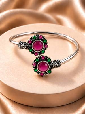German silver oxidized floral motif red green kada bracelet 1