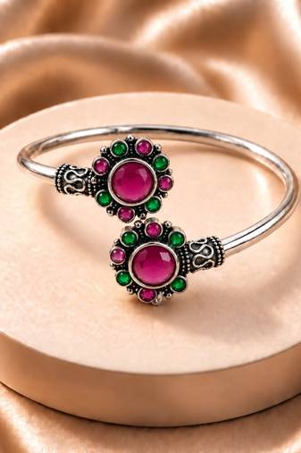 German silver oxidized floral motif red green kada bracelet