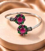 German silver oxidized floral motif red green kada bracelet