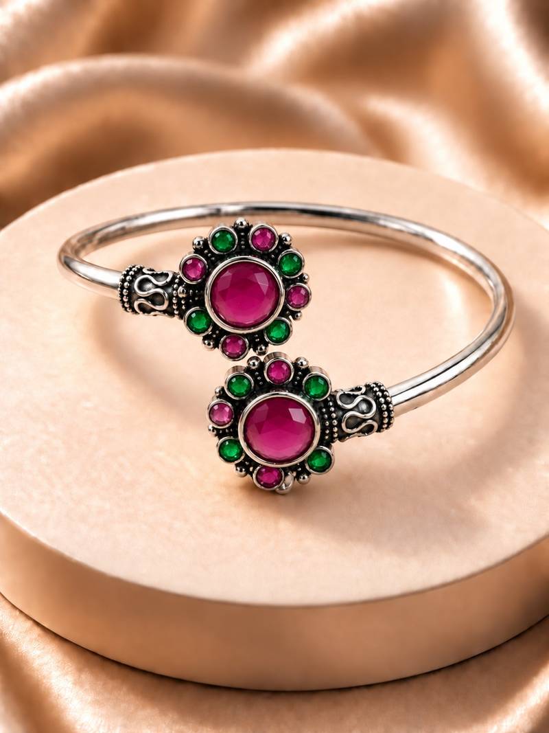 German silver oxidized floral motif red green kada bracelet