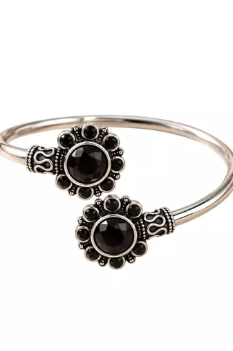 German silver oxidized floral motif black kada bracelet