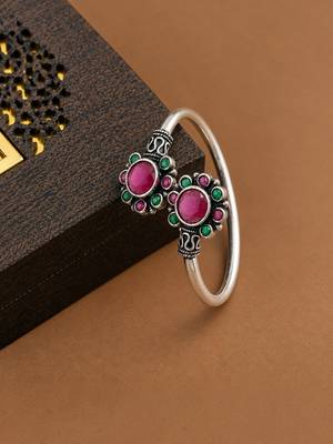 German silver oxidized floral motif red green kada bracelet 2