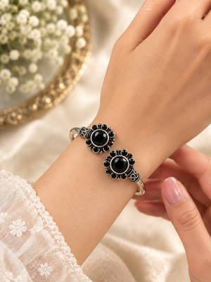 German silver oxidized floral motif black kada bracelet 5