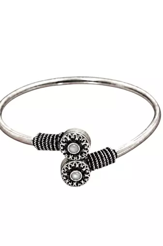 German silver oxidized floral motif white kada bracelet