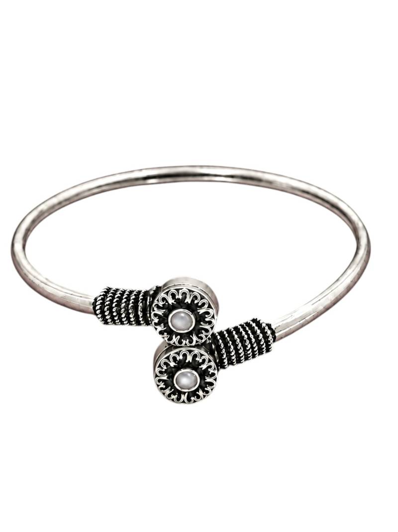 German silver oxidized floral motif white kada bracelet