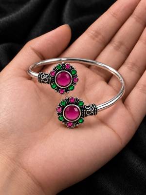 German silver oxidized floral motif red green kada bracelet 3