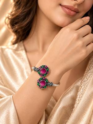 German silver oxidized floral motif red green kada bracelet 5