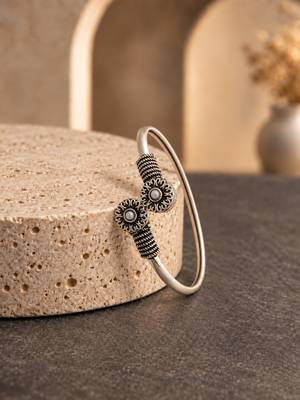 German silver oxidized floral motif white kada bracelet 3