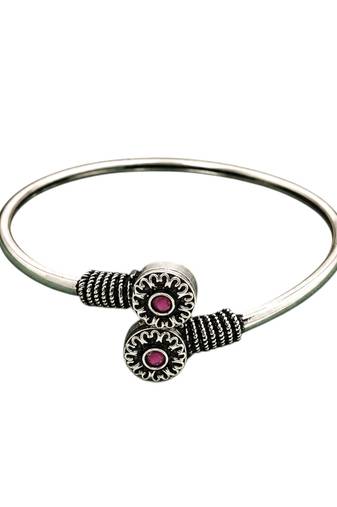 German silver oxidized floral motif red ruby kada bracelet