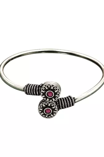 German silver oxidized floral motif red ruby kada bracelet
