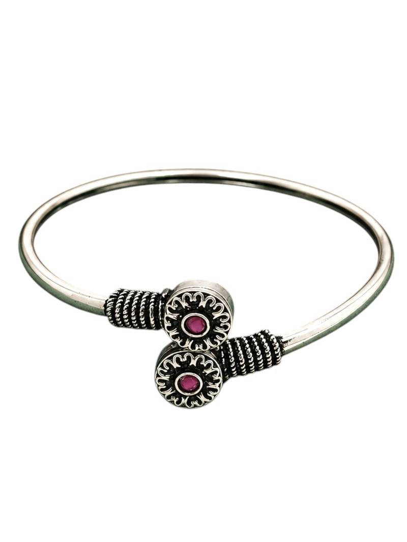 German silver oxidized floral motif red ruby kada bracelet