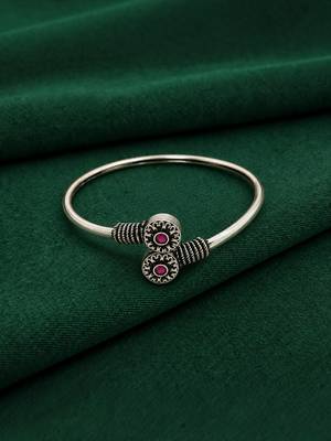 German silver oxidized floral motif red ruby kada bracelet 2