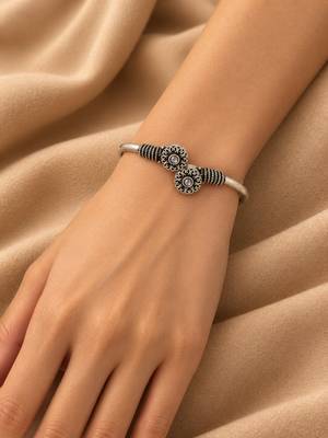 German silver oxidized floral motif white kada bracelet 5