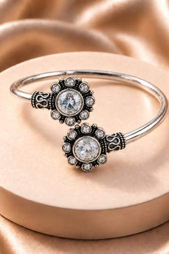 German silver oxidized floral motif clear kada bracelet