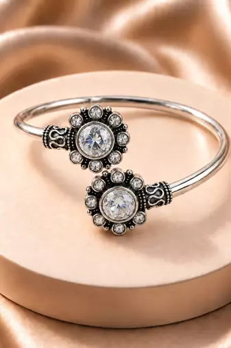 German silver oxidized floral motif clear kada bracelet