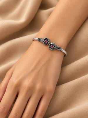 German silver oxidized floral motif red ruby kada bracelet 5