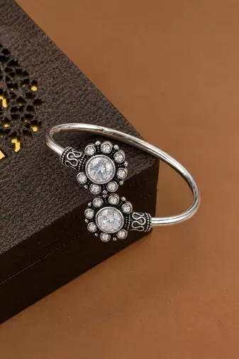 German silver oxidized floral motif clear kada bracelet