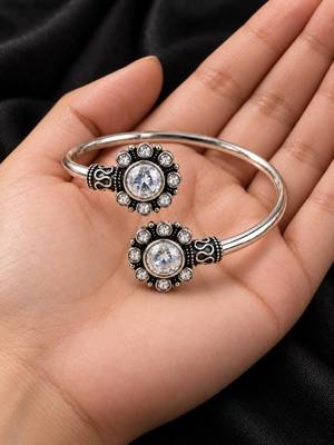 German silver oxidized floral motif clear kada bracelet 3