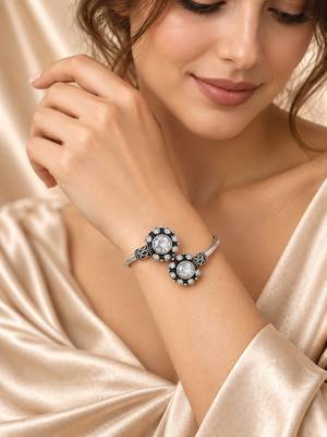German silver oxidized floral motif clear kada bracelet 5