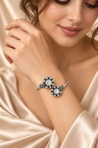 German silver oxidized floral motif clear kada bracelet