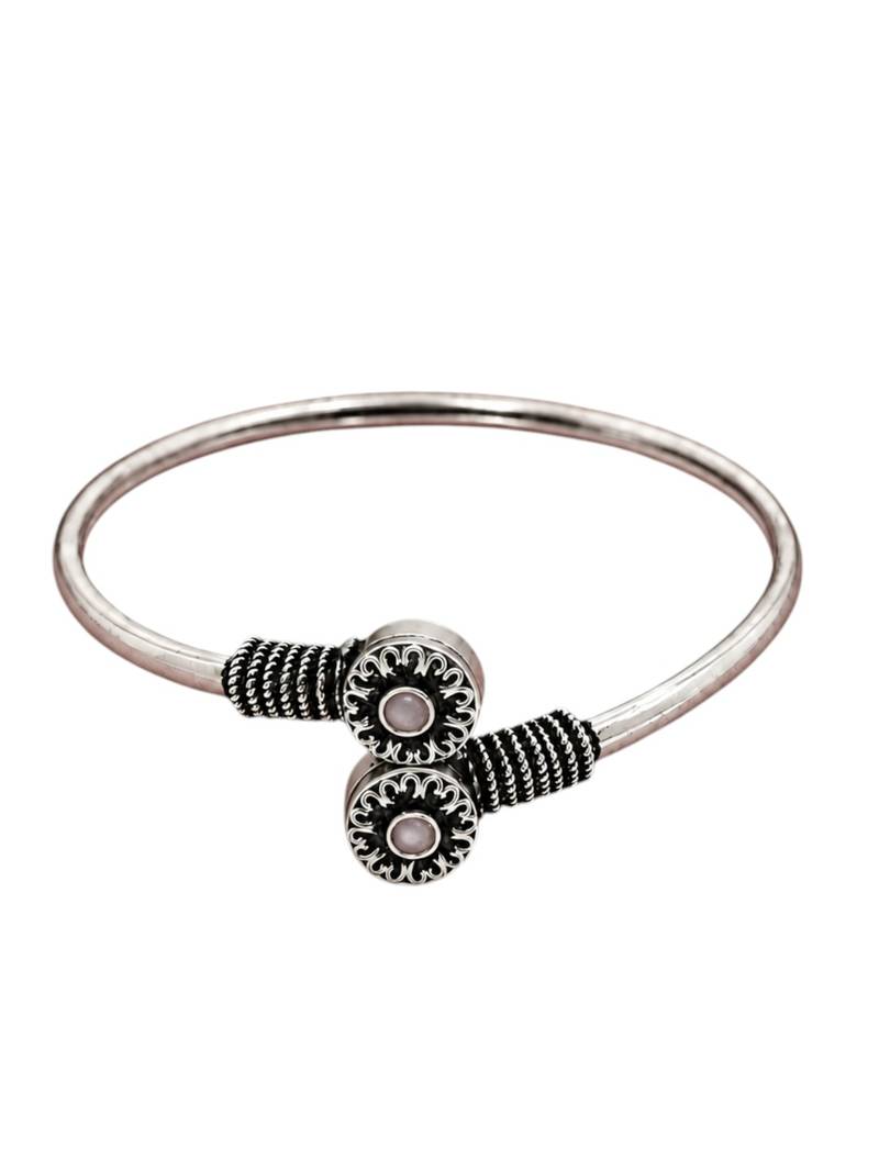 German silver oxidized floral motif pink kada bracelet