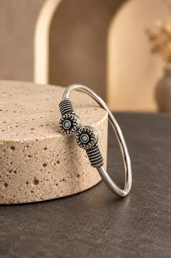 German silver oxidized floral motif mint kada bracelet