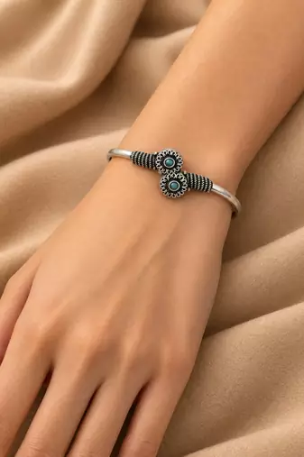 German silver oxidized floral motif mint kada bracelet