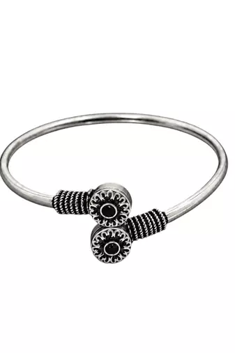 German silver oxidized floral motif black kada bracelet
