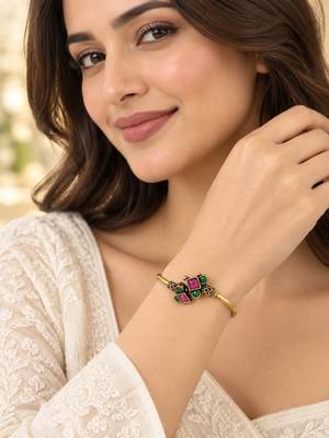 Gold plated geometric red green adjustable kada bracelet 4