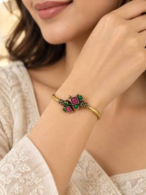 Gold plated geometric red green adjustable kada bracelet 5