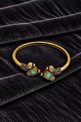 Gold plated geometric pink green adjustable kada bracelet