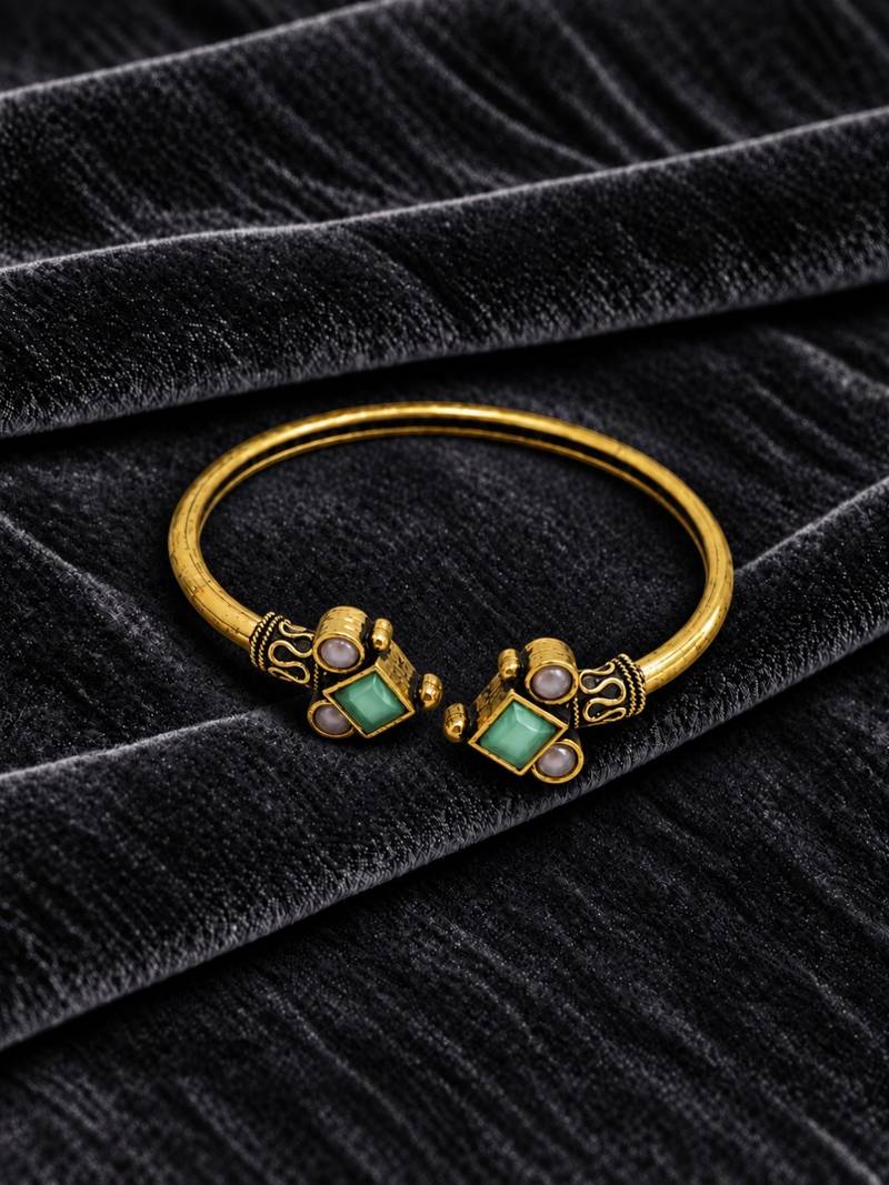 Gold plated geometric pink green adjustable kada bracelet