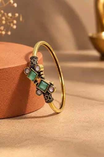 Gold plated geometric pink green adjustable kada bracelet